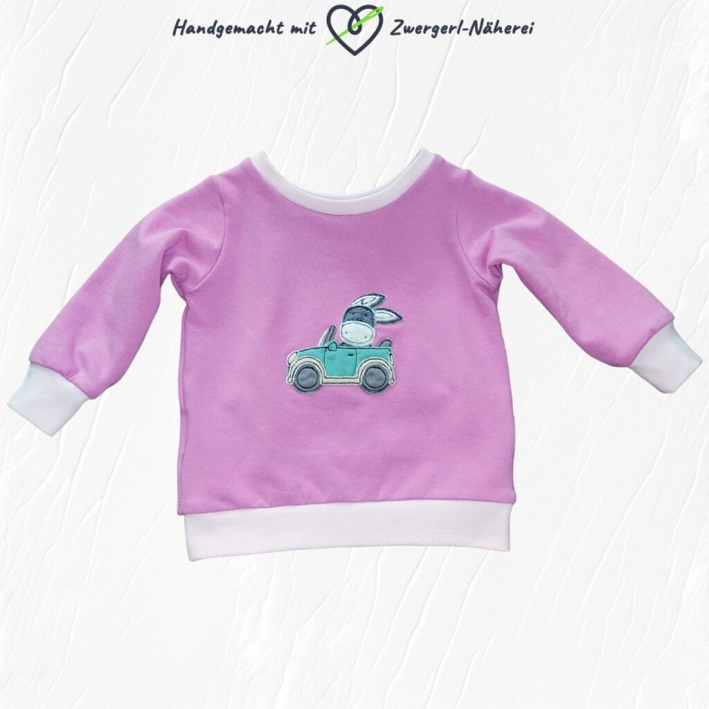 Kinder-Pullover rosa mit Esel-Auto-Stickapplikation handmade aus Bio-Baumwolle