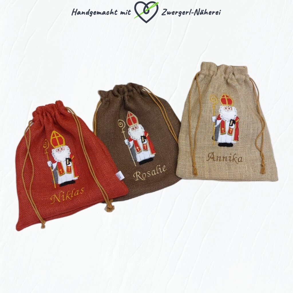 Nikolaus-Sackerl personalisiert aus Jute in drei Farben Rot Braun und Natur handmade
