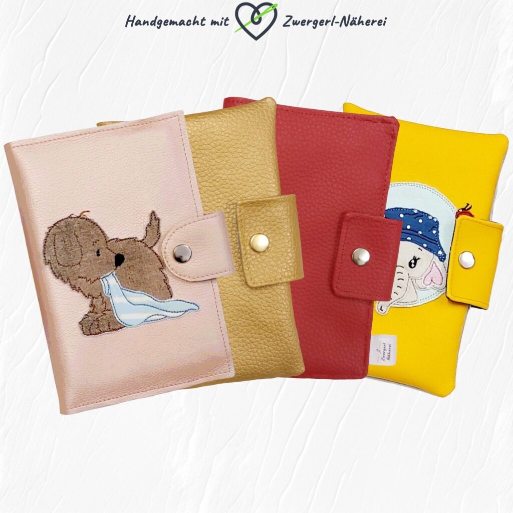 Mutterkindpass Hülle handmade aus Kunstleder und Stoff mit Farbauswahl und vielen Stickapplikationen-Motiven für Österreich und Deutschland
