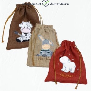 Geschenksackerl Jute personalisierbar Stickerei diverse Motive und Farben nach Wunsch handmade für Babys und Kinder