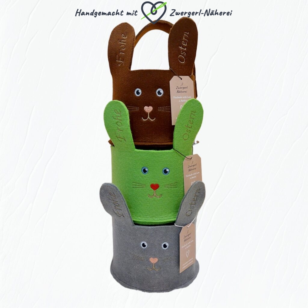 Osternester und Oberkörbchen Dreierset grauer grüner und brauner Filz handmade mit Henkel Vorderansicht für Babys und Kinder